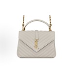 SAINT LAURENT YSL College Gold Logo chain quilted leather hand-held shoulder crossbody bag, medium size for women, grey